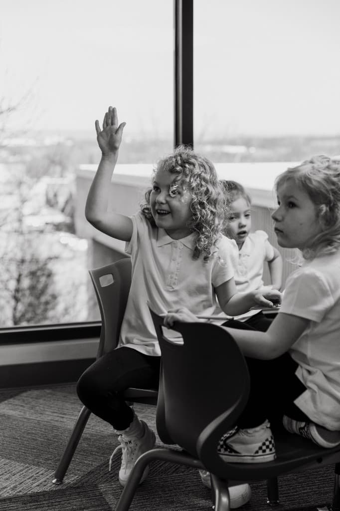 Student raising her hand in class